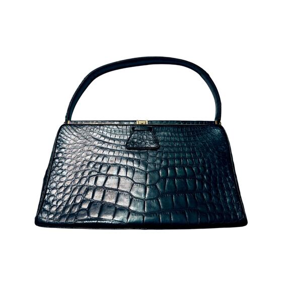VTG Leather Frame Bag by Crouch & Fitzgerald – Crocodile Embossed 1950s Handbag - Picture 1 of 11